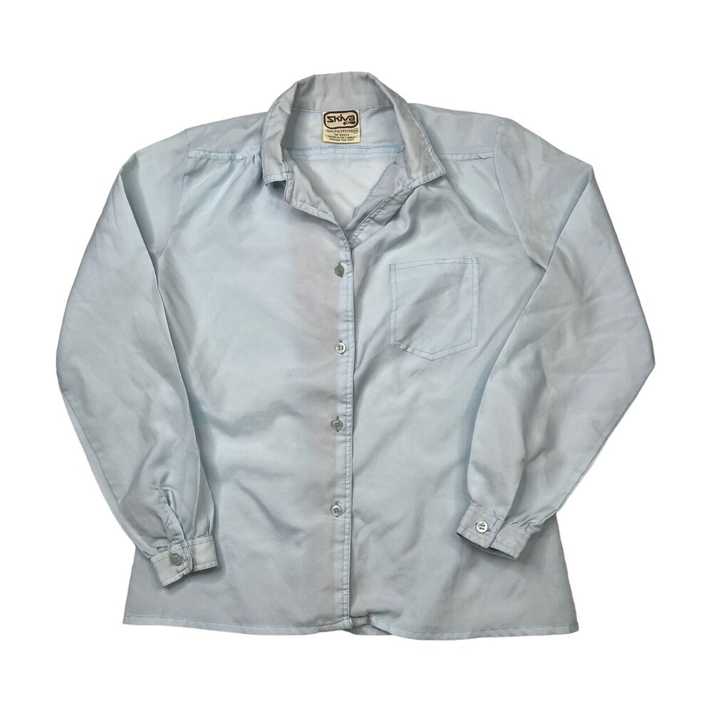 Vintage 80s Collared Long Sleeve Button Up Blouse Light Blue Womens M Medium